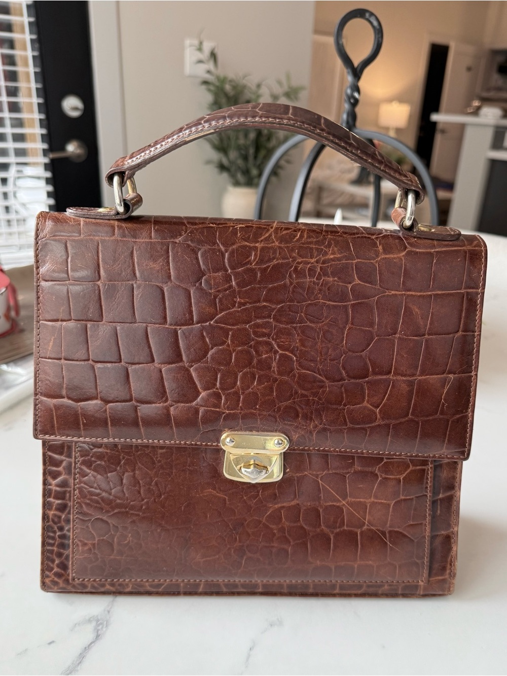 Talbots Brown Croc Embossed Leather Structured Top Handle Briefcase Bag